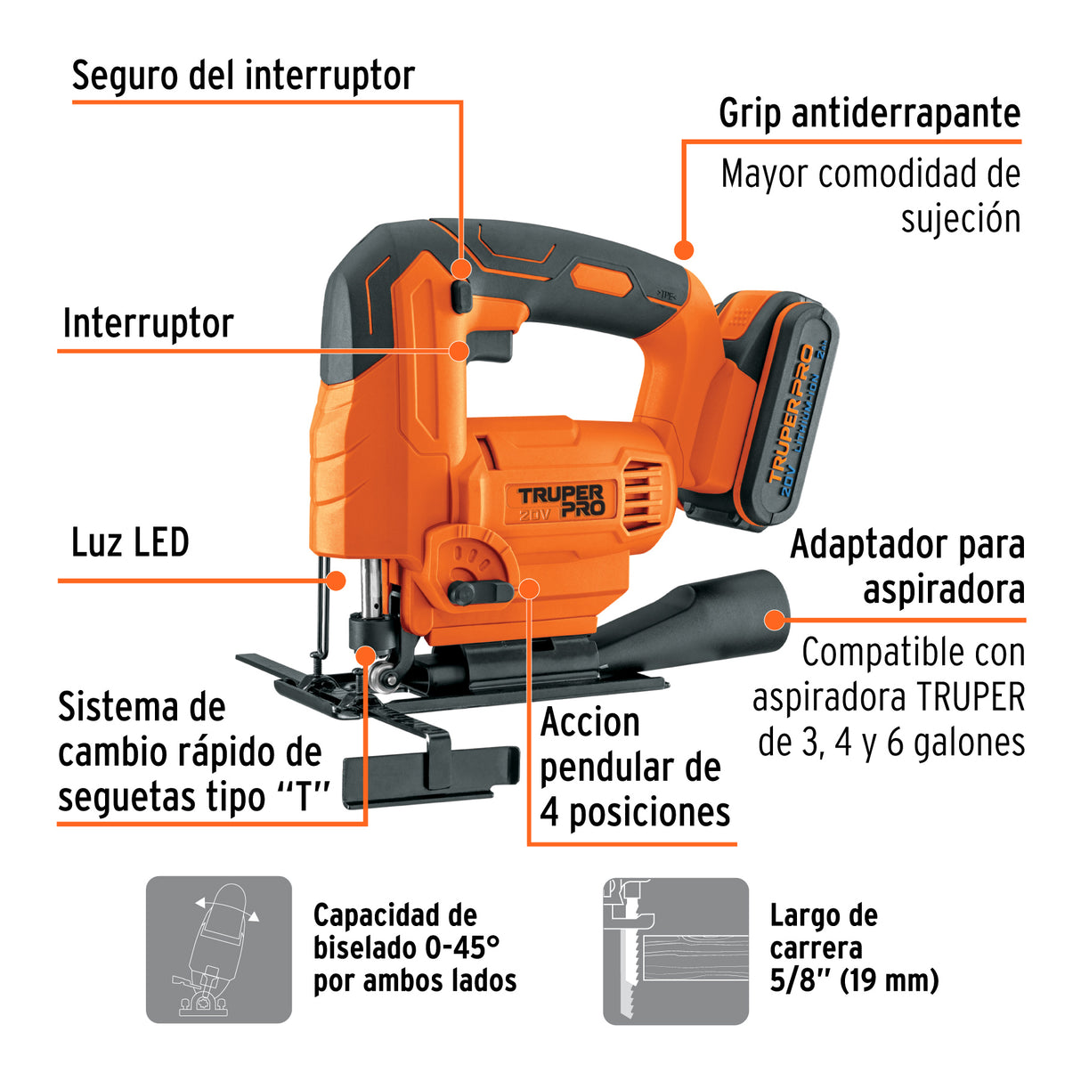 Sierra Caladora 20 V, 1 Batería 2 Ah, Truper Pro
