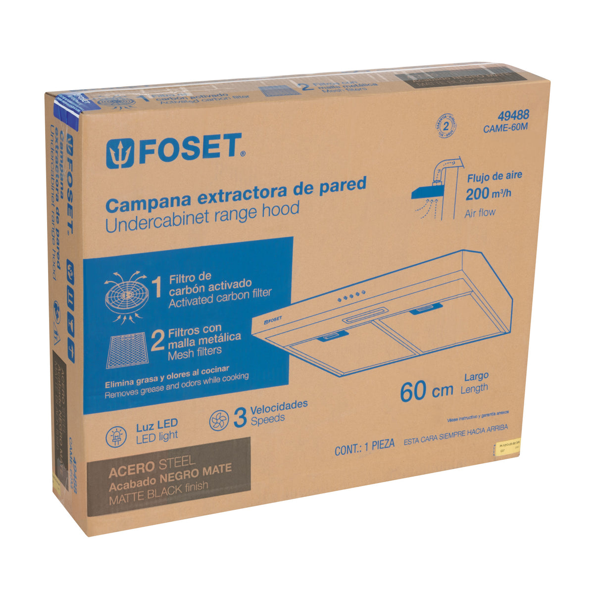 Campana Extractora 60 cm, Empotrable, Negra, Foset