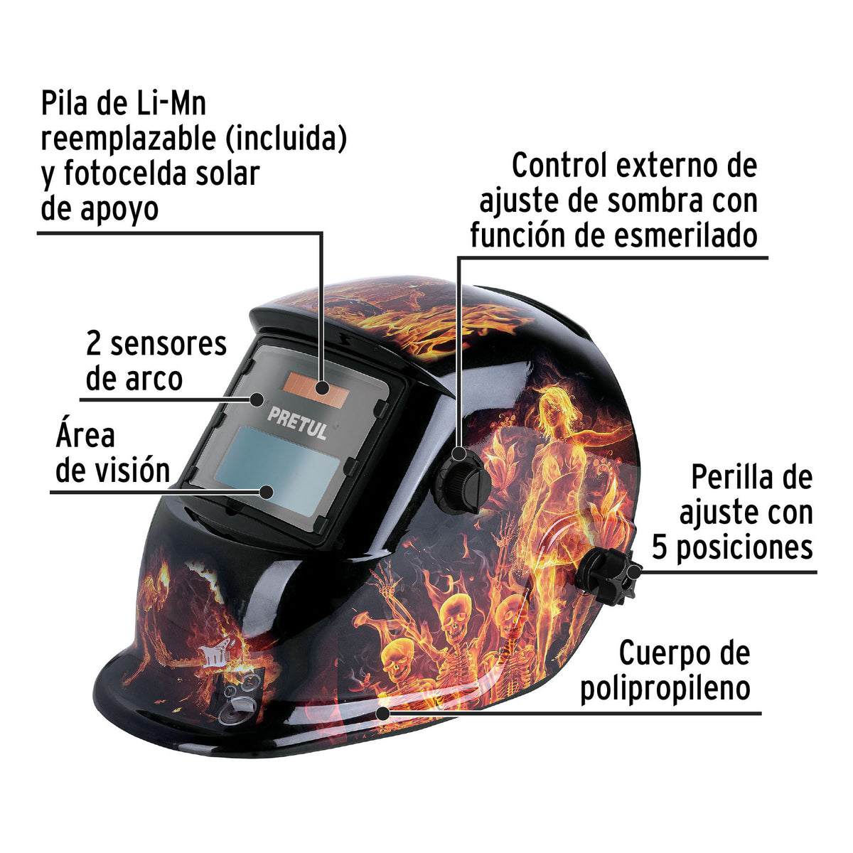 Careta Electrónica para Soldar Sombra 9-13, Fuego, Pretul