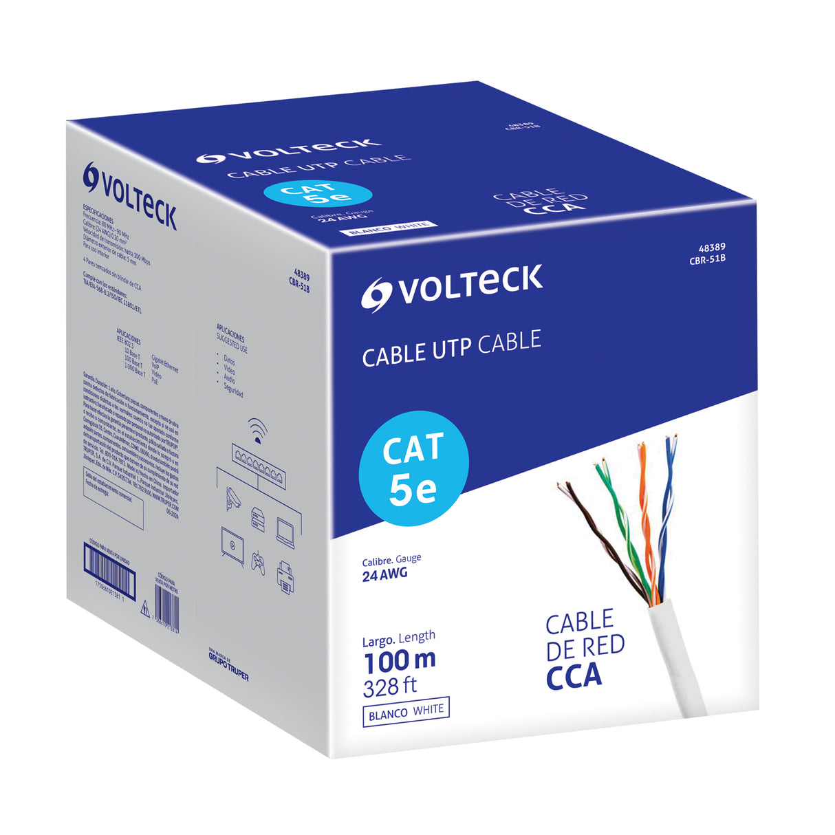 Metro de Cable UTP CAT5E, Bobina de 100M, Blanco, Volteck