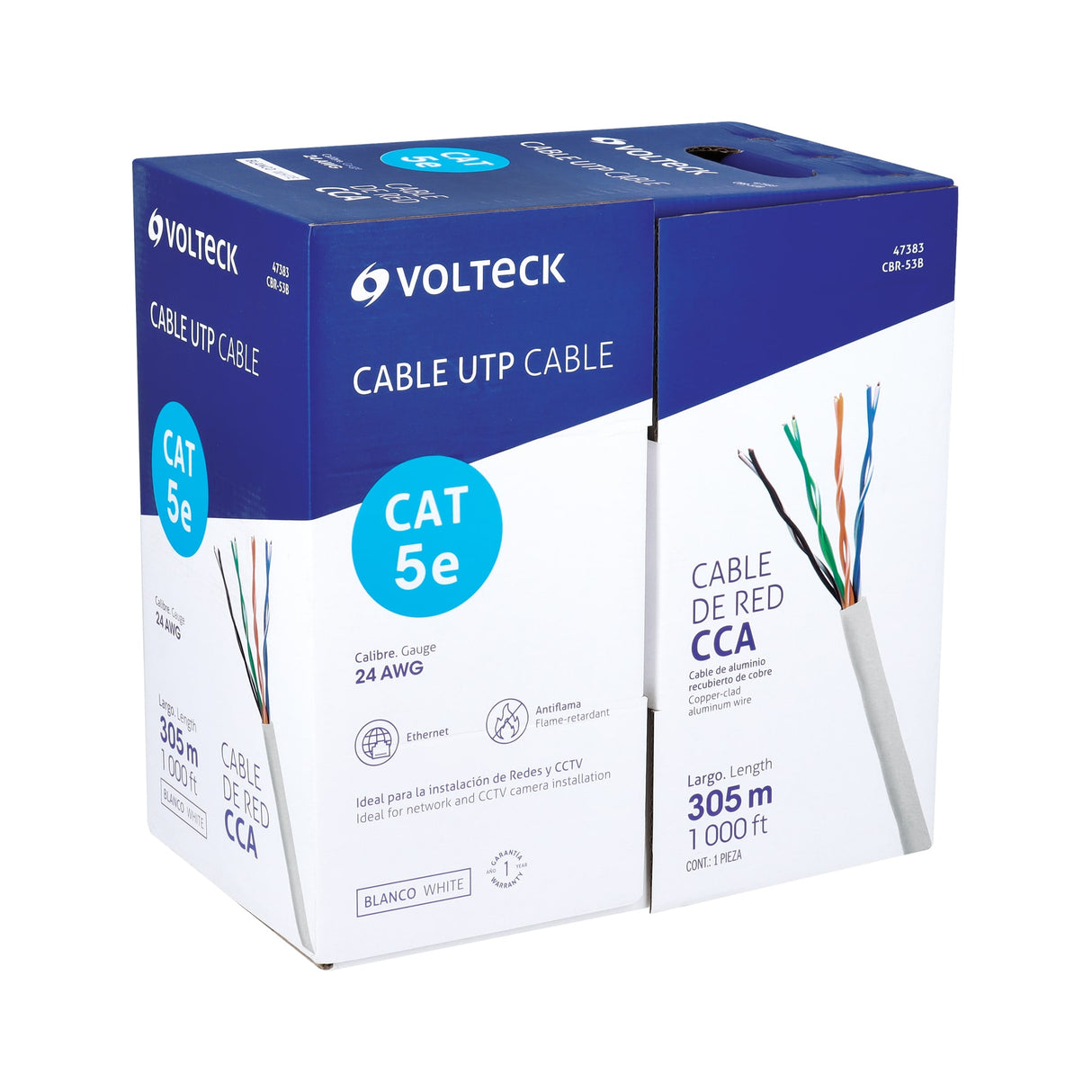 Metro de Cable UTP CAT5E, Bobina de 305M, Blanco, Volteck