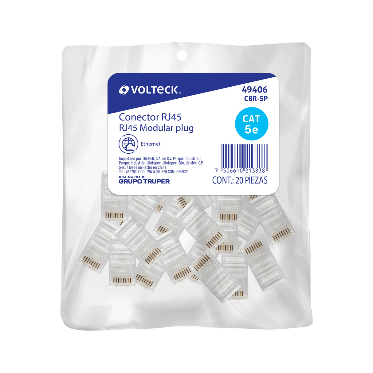 Plug RJ45 CAT5E, Bolsa con 20 Piezas, Volteck
