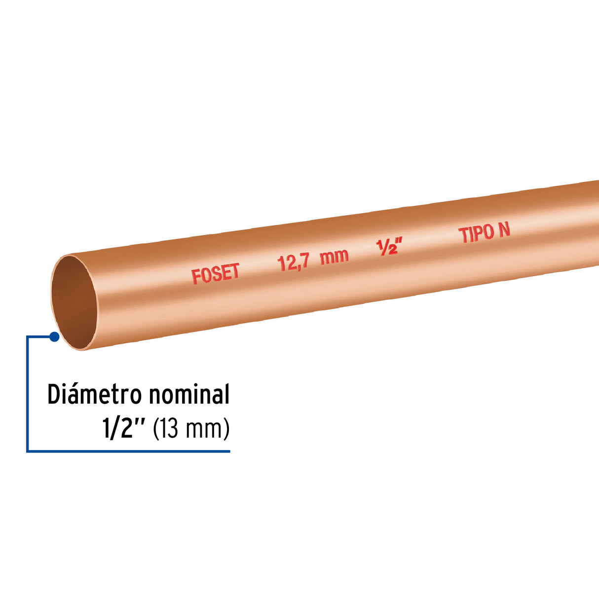 Tubo Rígido de Cobre 1/2' Tipo 'N', 3M, 0.5 kg, Foset