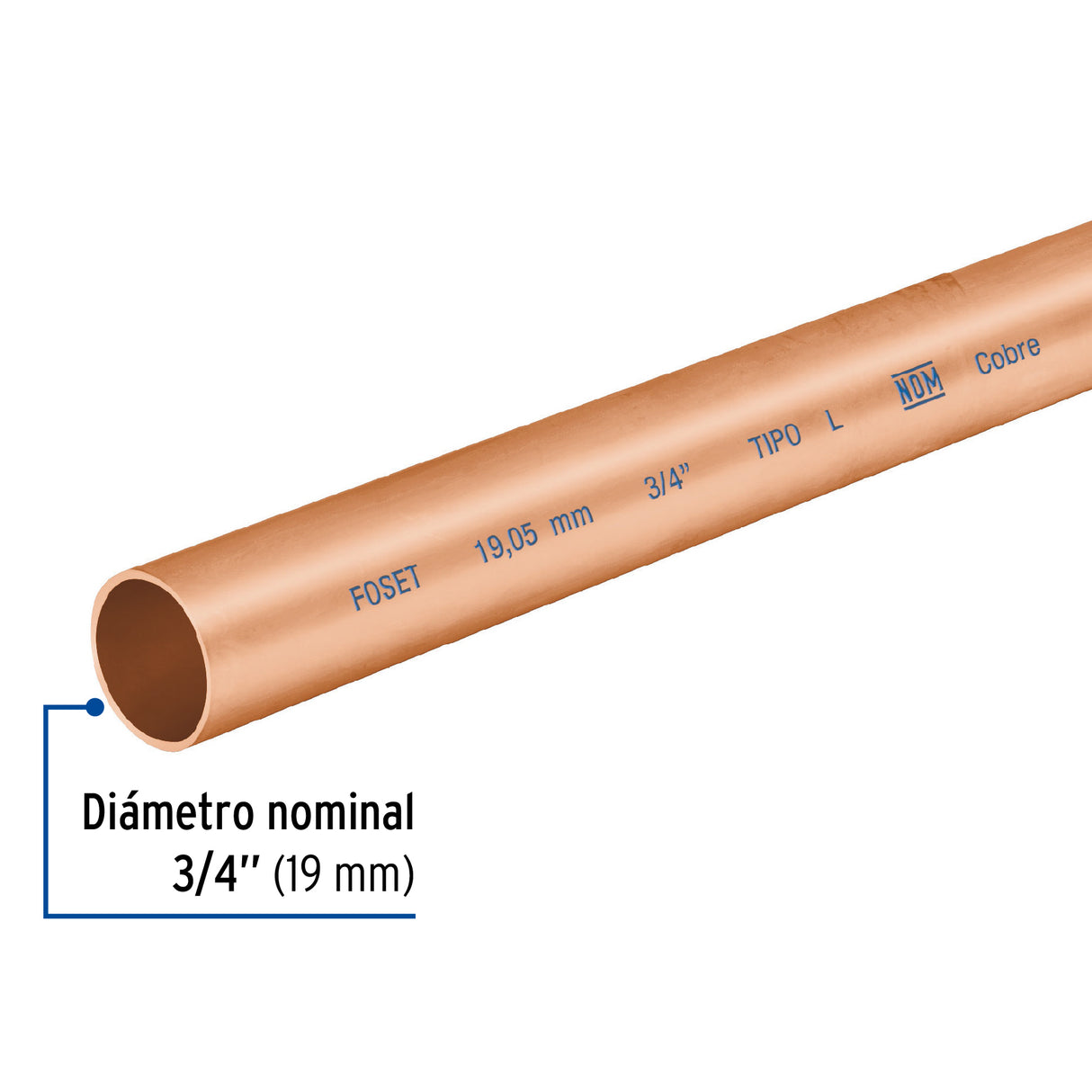 Tubo Rígido de Cobre 3/4' Tipo 'L', 3M, 1.9 kg, Foset