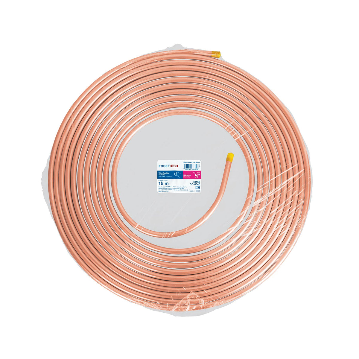 Tubo Flexible de Cobre 1/2', Rollo de 15M, 3.7 kg, Foset