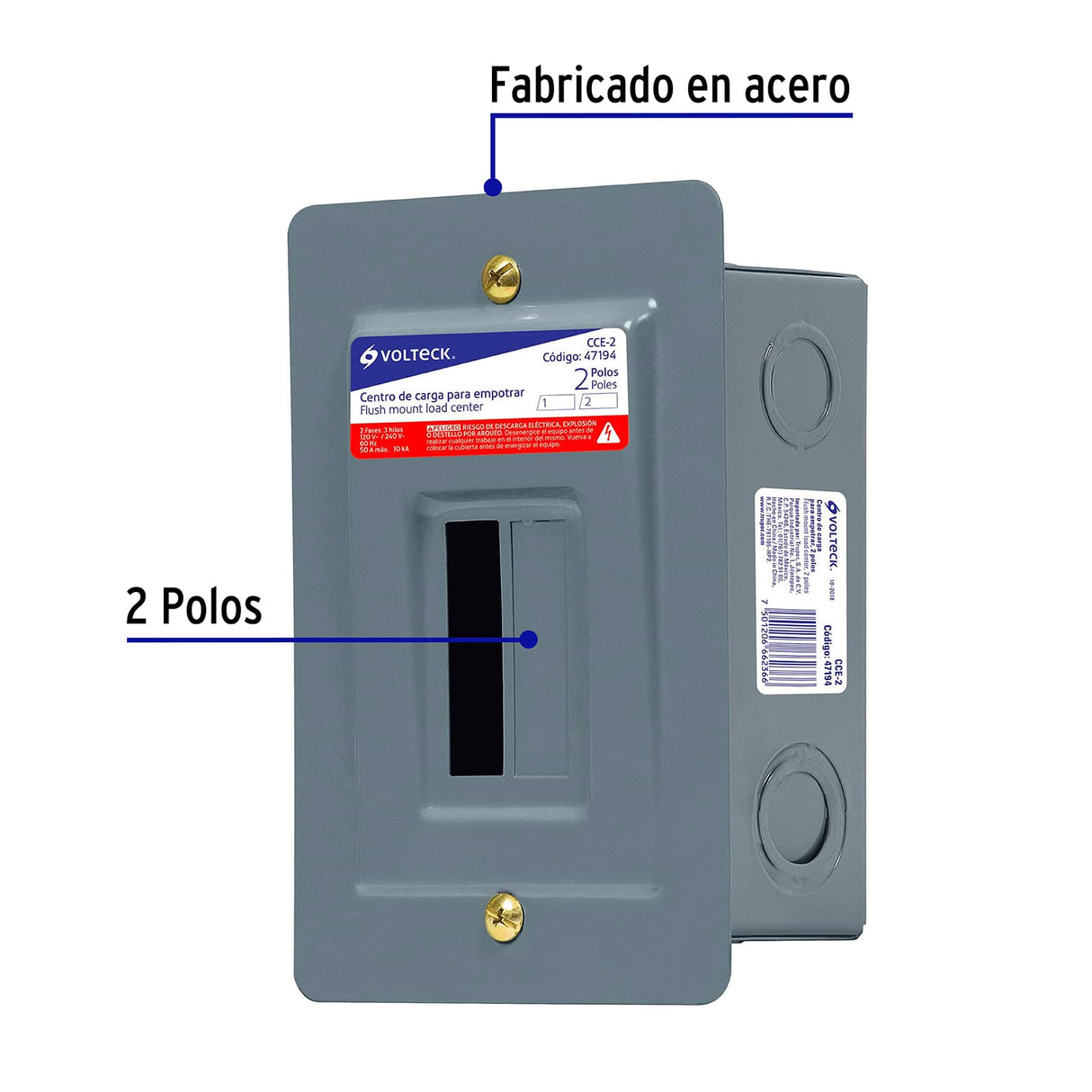 Centro de Carga Empotrable, 2 Polos, Volteck