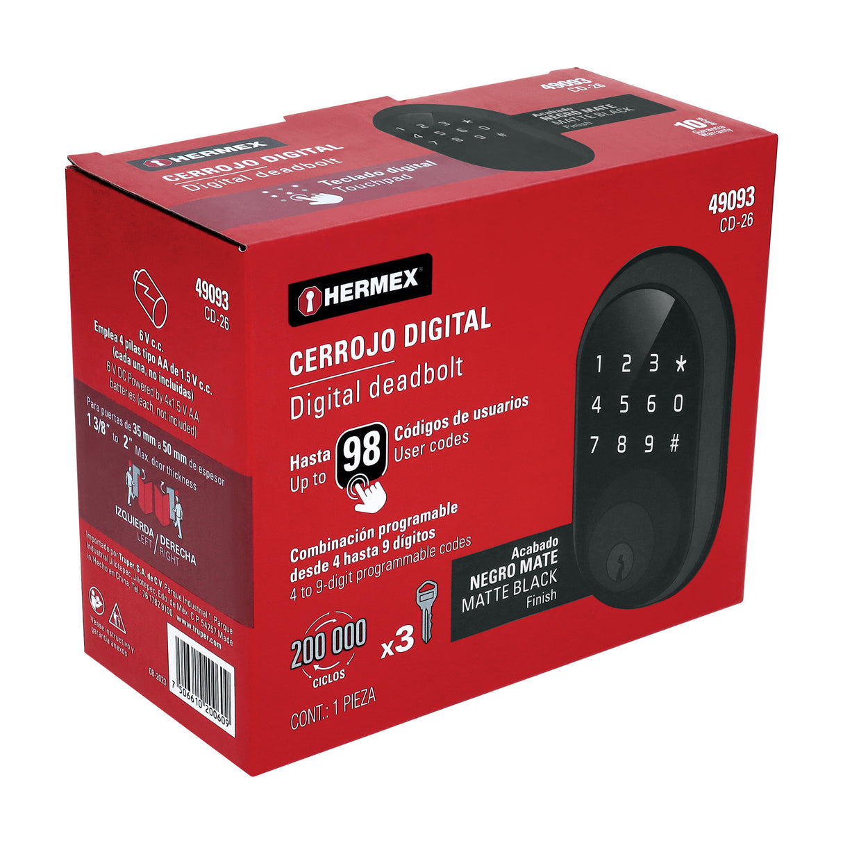 Cerrojo Digital Tubular Color Negro, Hermex