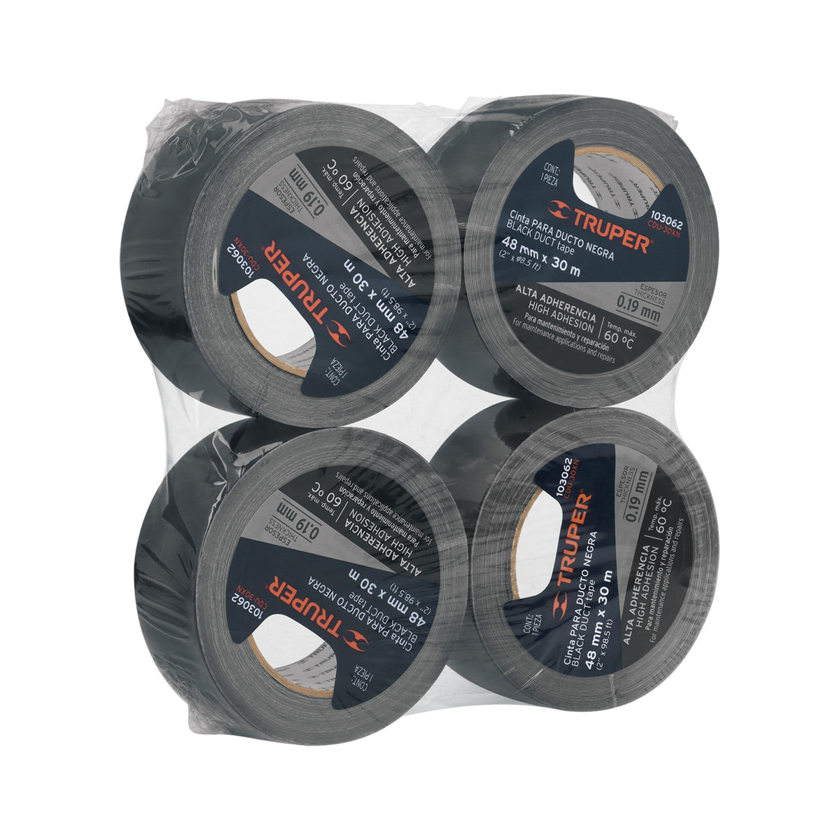 Cinta Negra para Ducto 30M X 48 mm, Espesor 0.19 mm, Truper