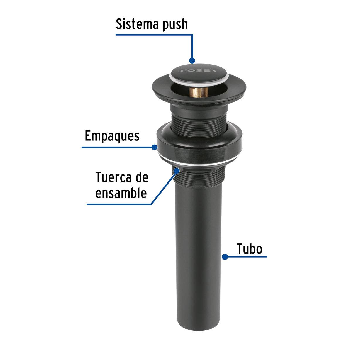 Contra para Lavabo, sin Rebosadero, Sistema Push, Negro