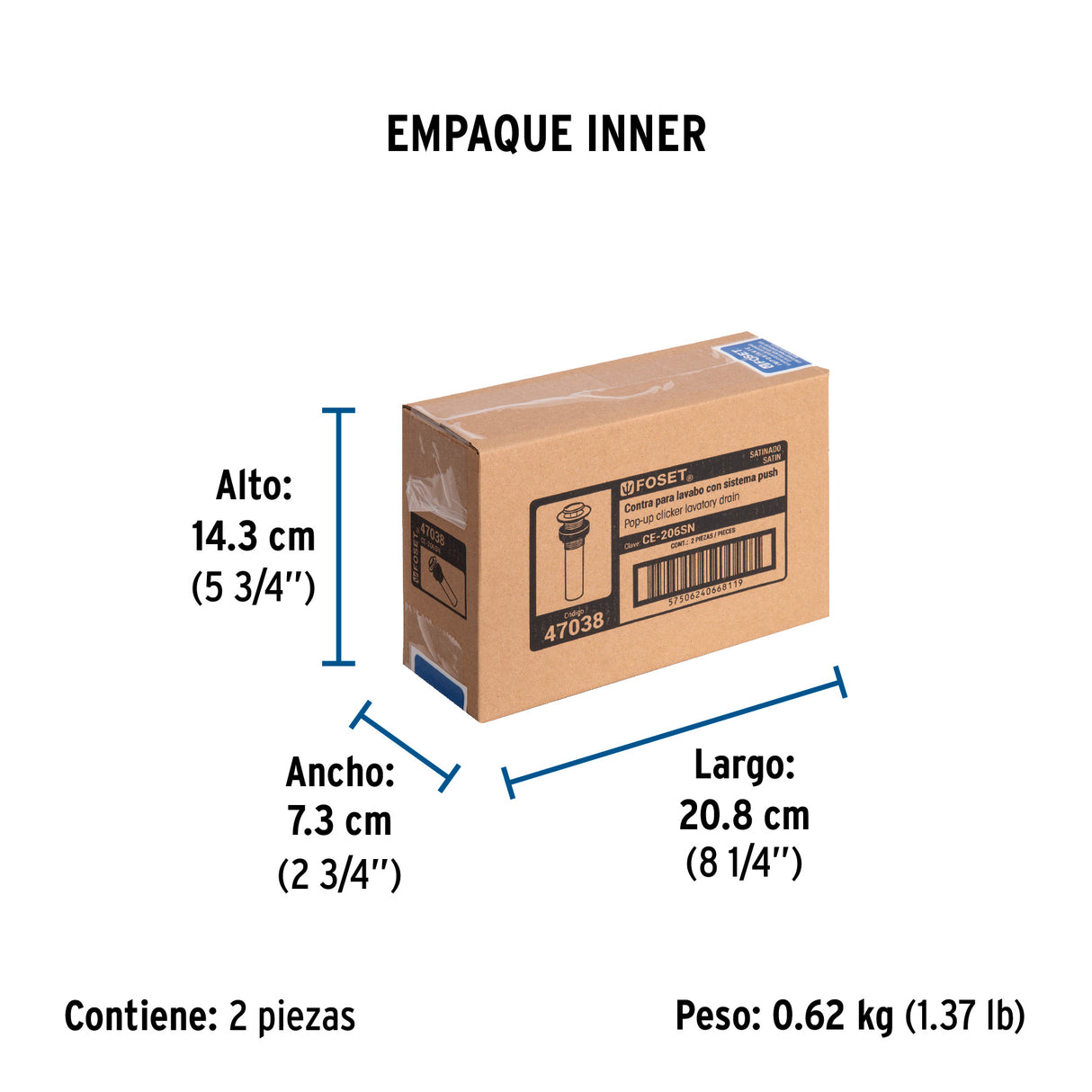 Contra para Lavabo, sin Rebosadero, Sistema Push, Satín