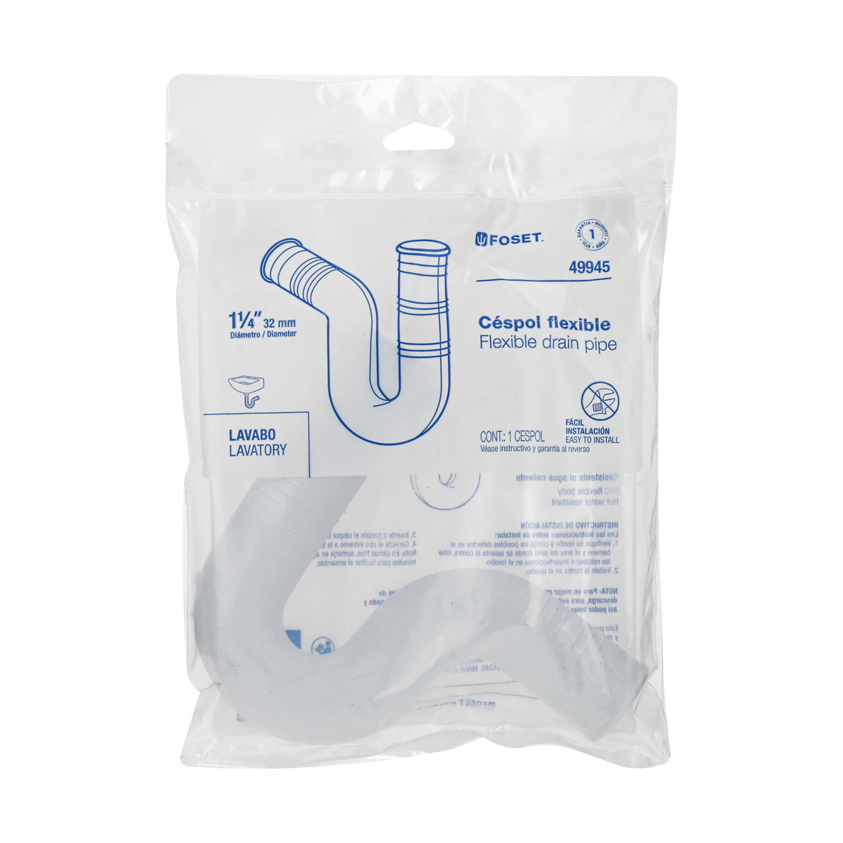 Céspol Flexible 1-1/4' de PVC, para Lavabo, Foset