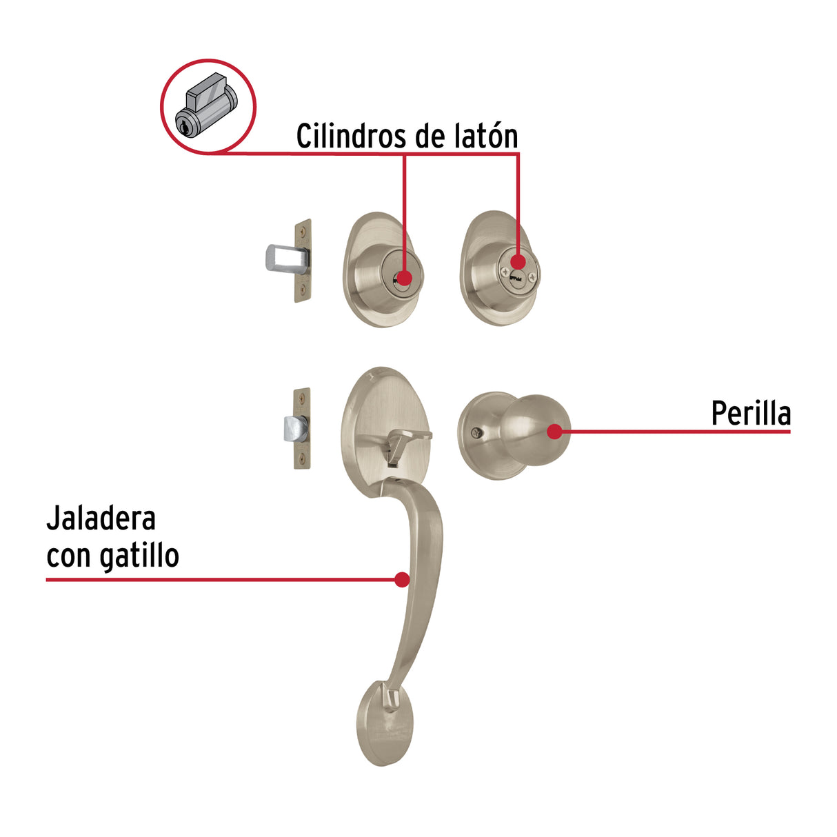 Jaladera/Perilla, Lugo Llave-llave, Níquel Satín, Hermex