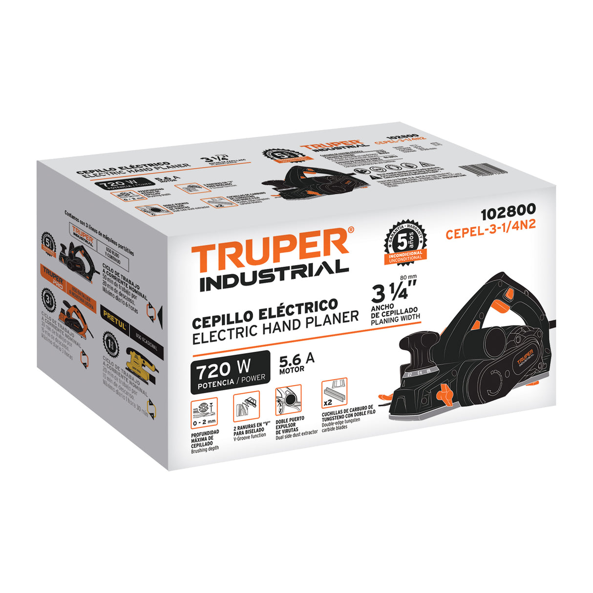 Cepillo Eléctrico 3-1/4', 720 W, Truper Industrial