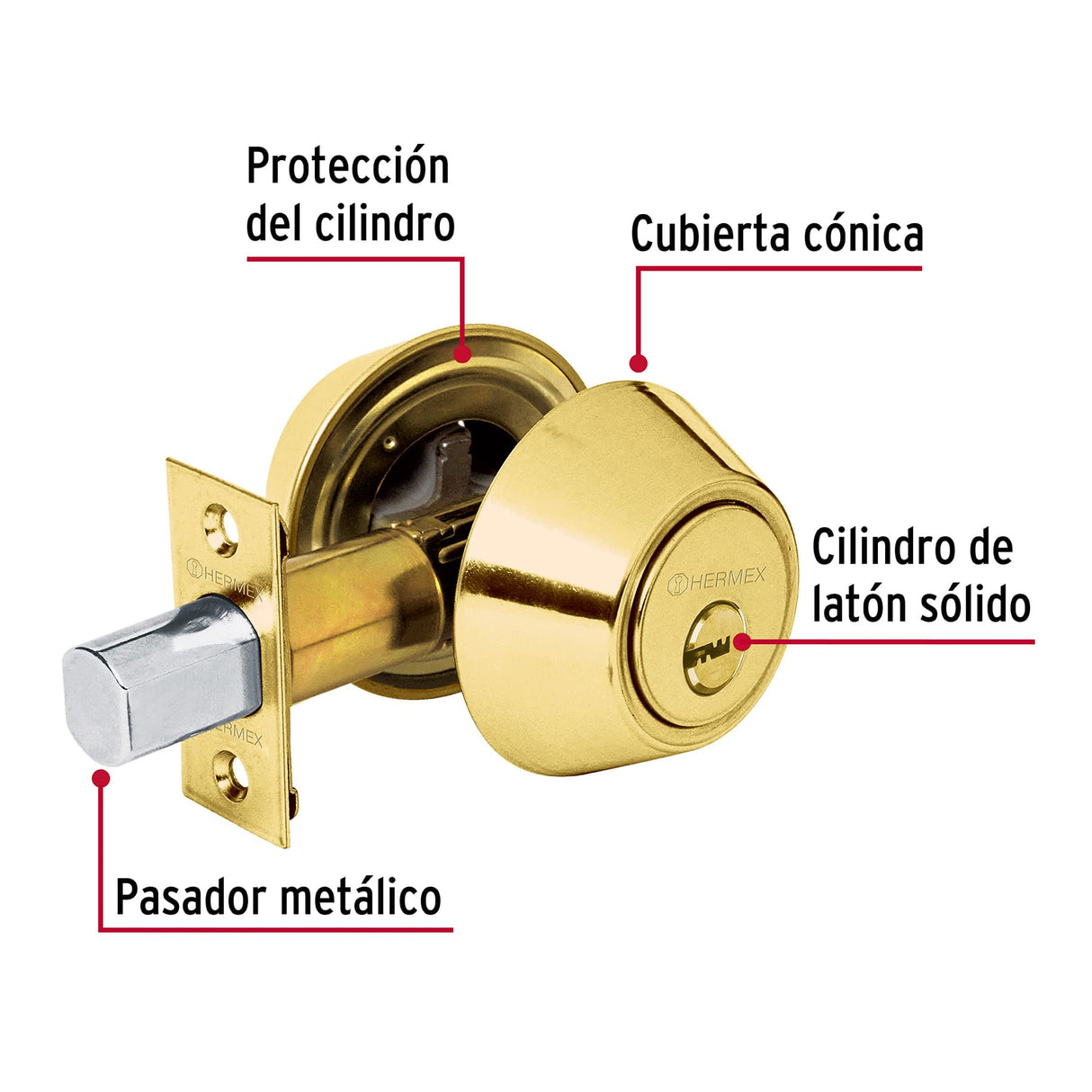 Cerrojo Llave-llave Latón Brillante, Llave Puntos, Hermex