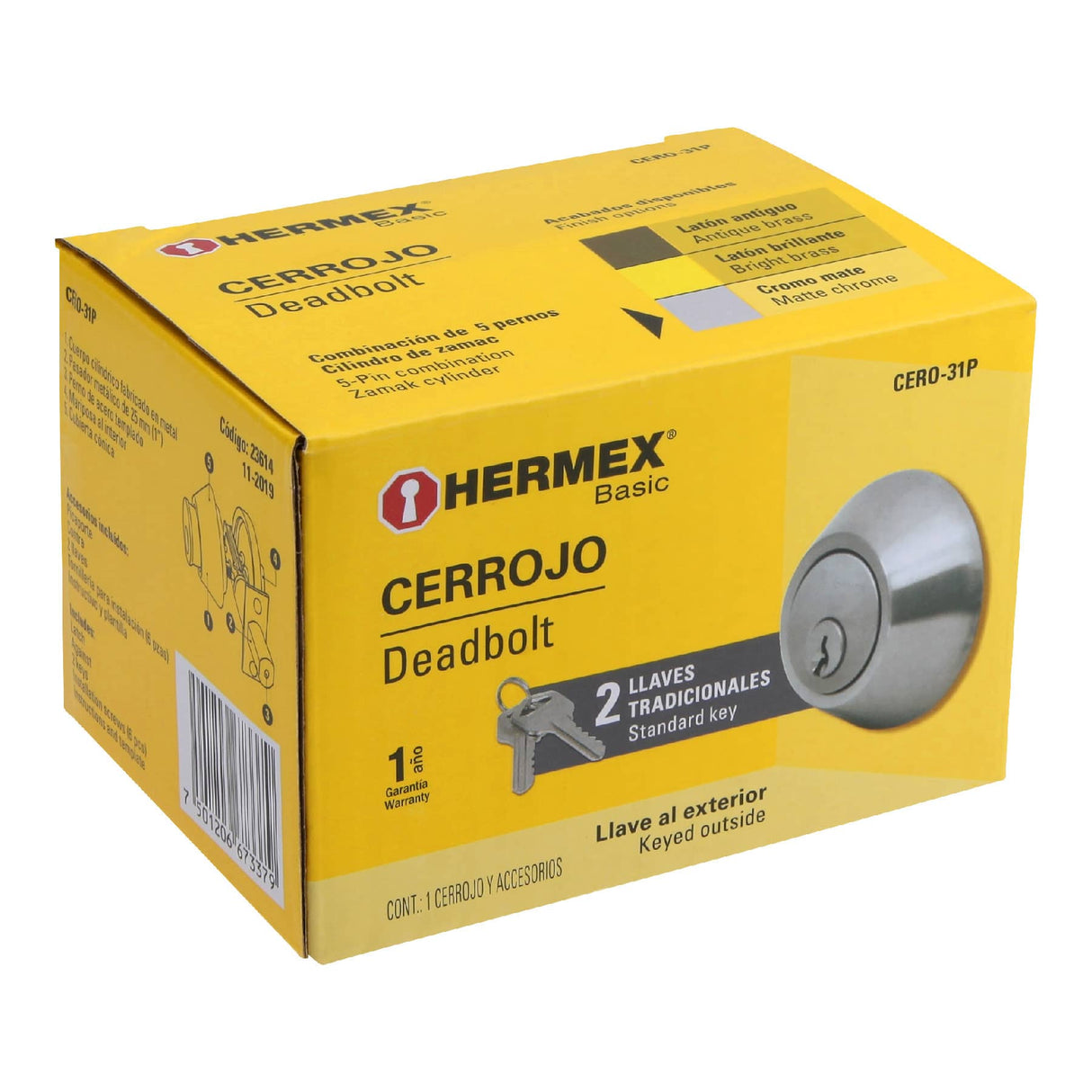 Cerrojo Llave-mariposa Cromo Mate, Llave Tradicional, Hermex
