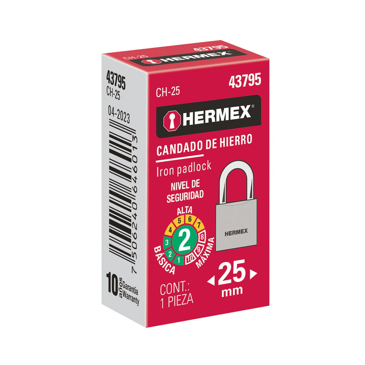 Candado de Hierro 25 mm, Gancho Corto en Caja, Hermex
