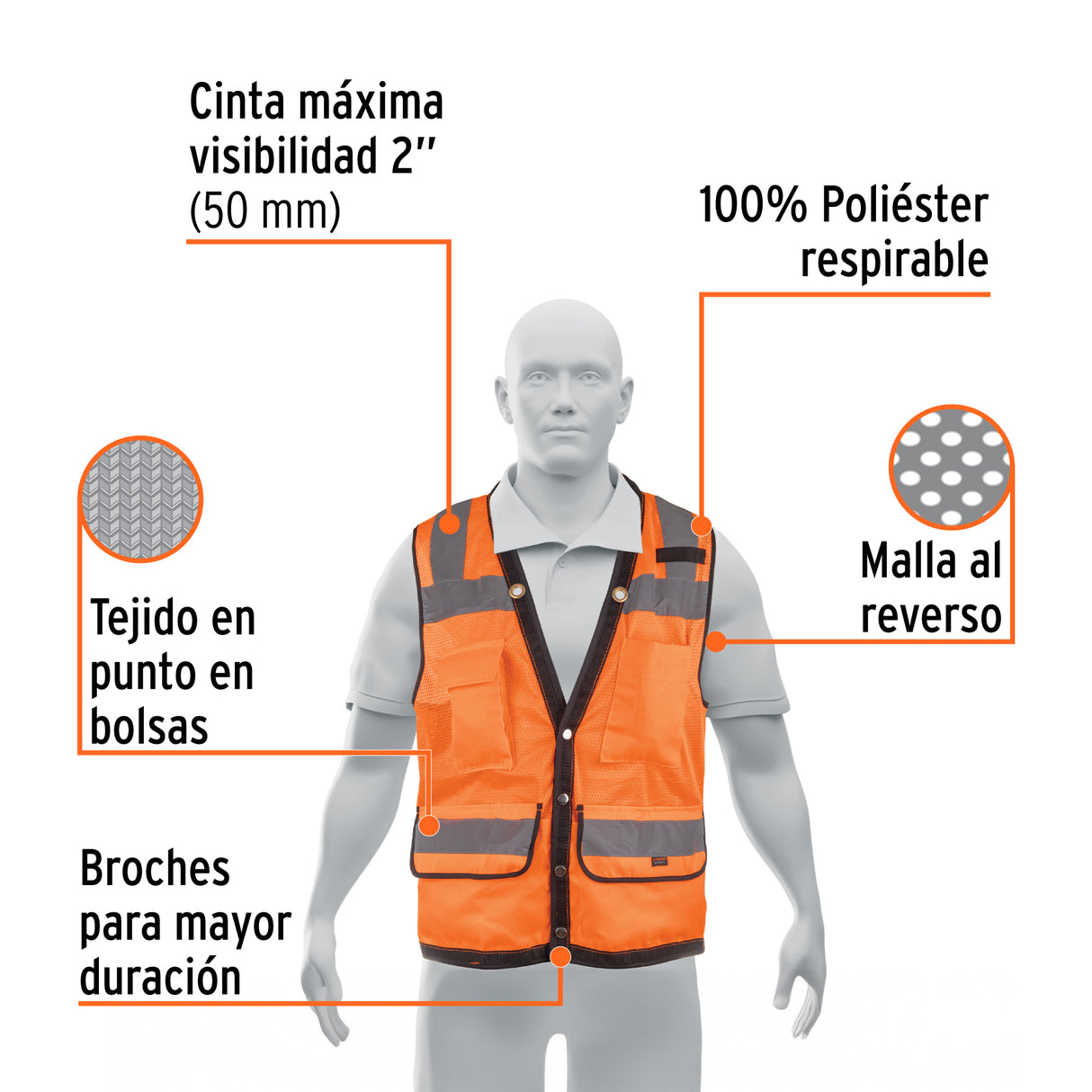 Chaleco Seguridad Reforzado Naranja con Bolsas, m, Expert