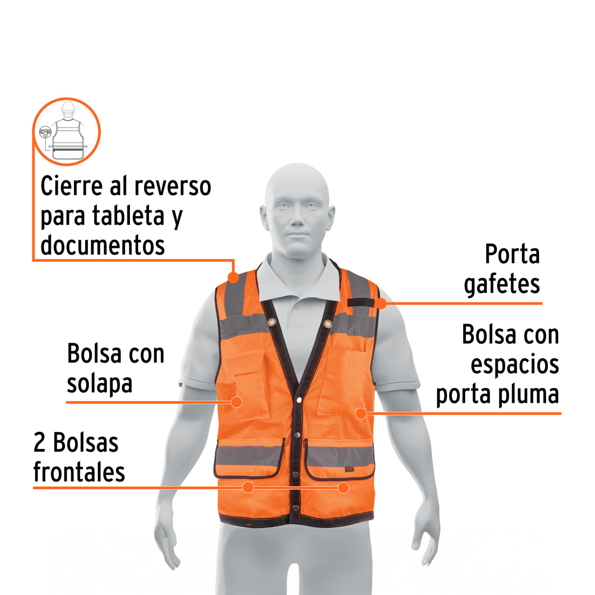 Chaleco Seguridad Reforzado Naranja con Bolsas, m, Expert