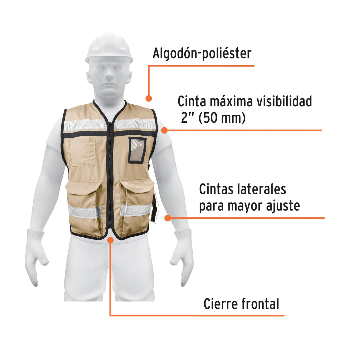 Chaleco Brigadista con Cintas Reflejantes, Color Beige