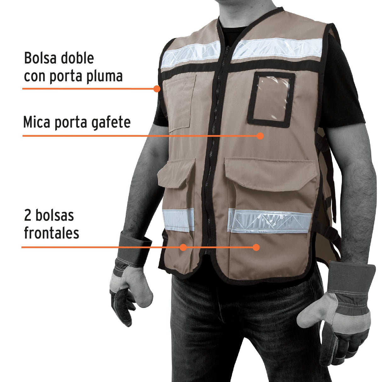 Chaleco Brigadista con Cintas Reflejantes, Color Beige