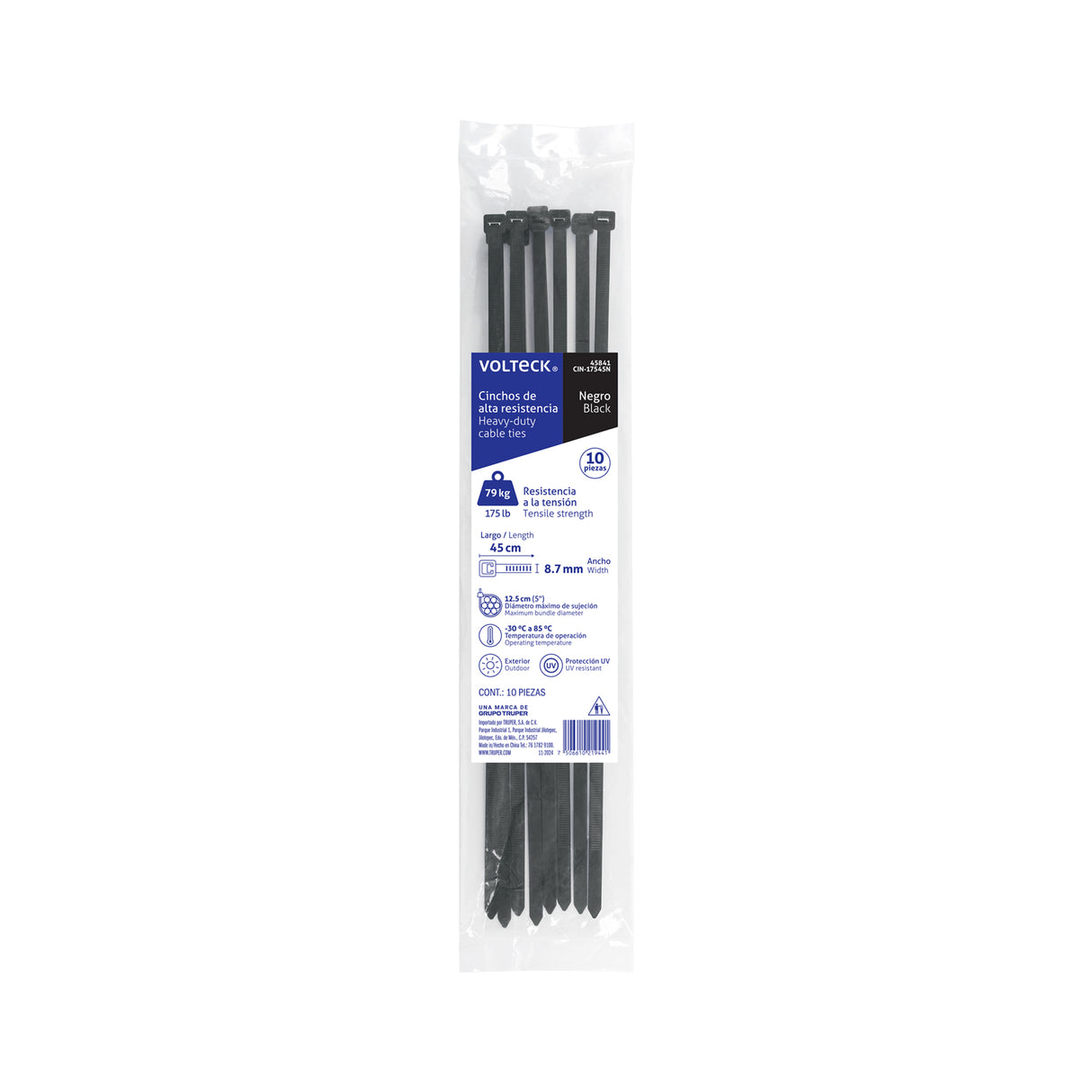 Bolsa con 10 Cinchos Plásticos 175 lb, 450 X 9 mm, Negros