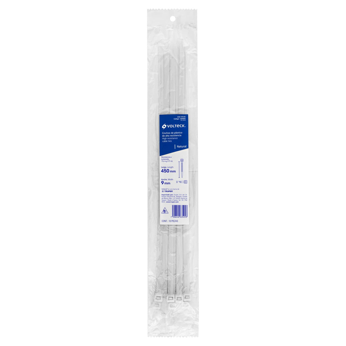 Bolsa con 10 Cinchos Plásticos 175 lb, 450X9 mm, Naturales