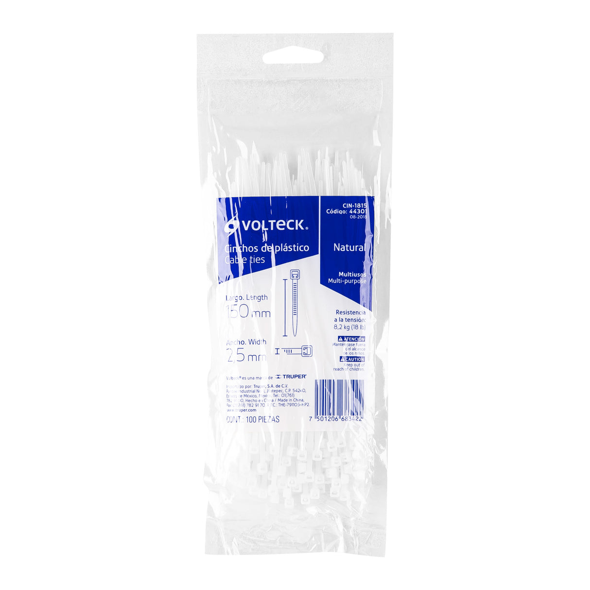 Bolsa con 100 Cinchos Plásticos 18 lb, 150X2.5 mm, Naturales