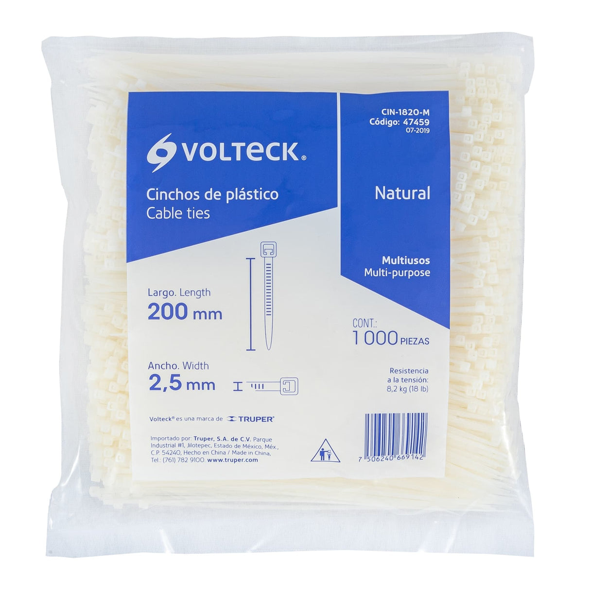 Bolsa con 1000 Cinchos Plásticos 18LB, 200X2.5 mm, Naturales