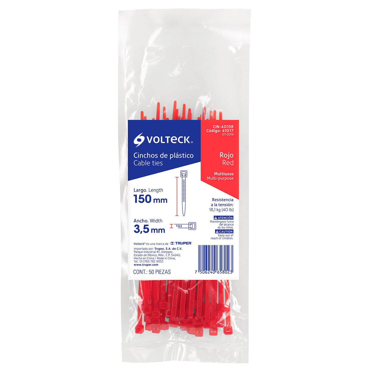 Bolsa con 50 Cinchos Plásticos 40 lb, 150 X 3.5 mm, Rojos