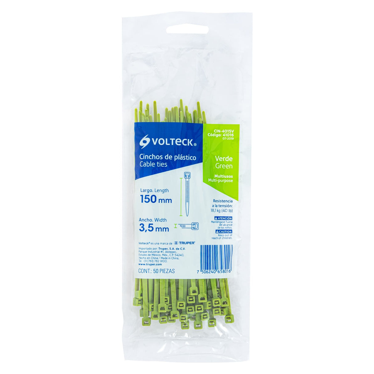 Bolsa con 50 Cinchos Plásticos 40 lb, 150 X 3.5 mm, Verdes