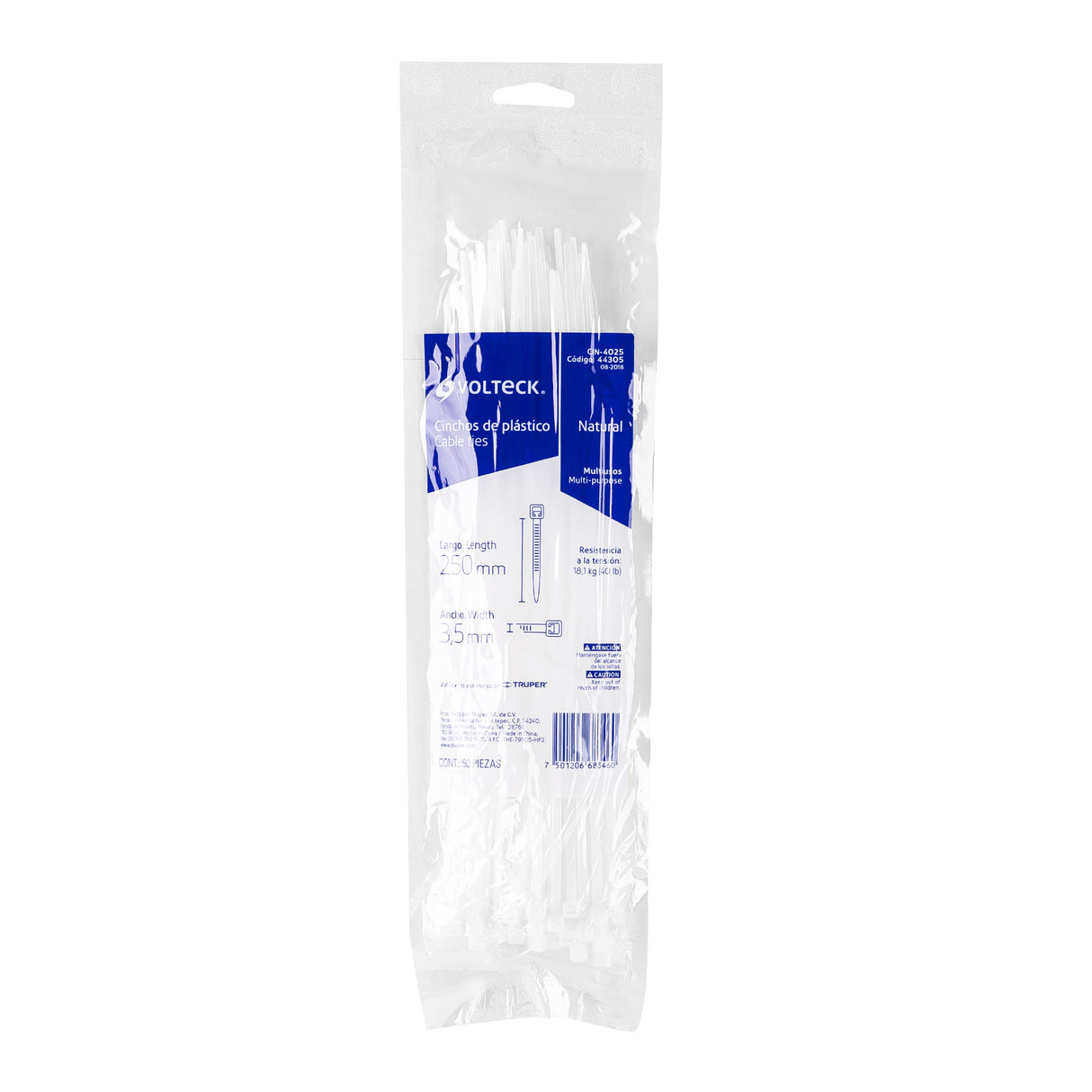 Bolsa con 50 Cinchos Plásticos 40 lb, 250X3.5 mm, Naturales
