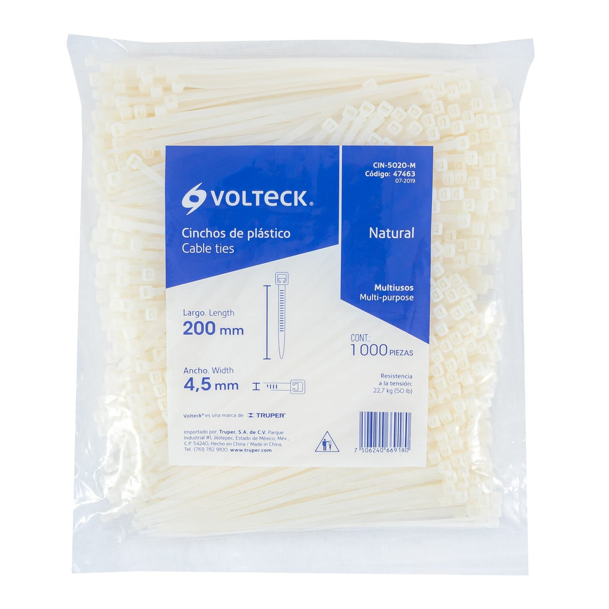 Bolsa con 1000 Cinchos Plásticos 50LB, 200X4.5 mm, Naturales