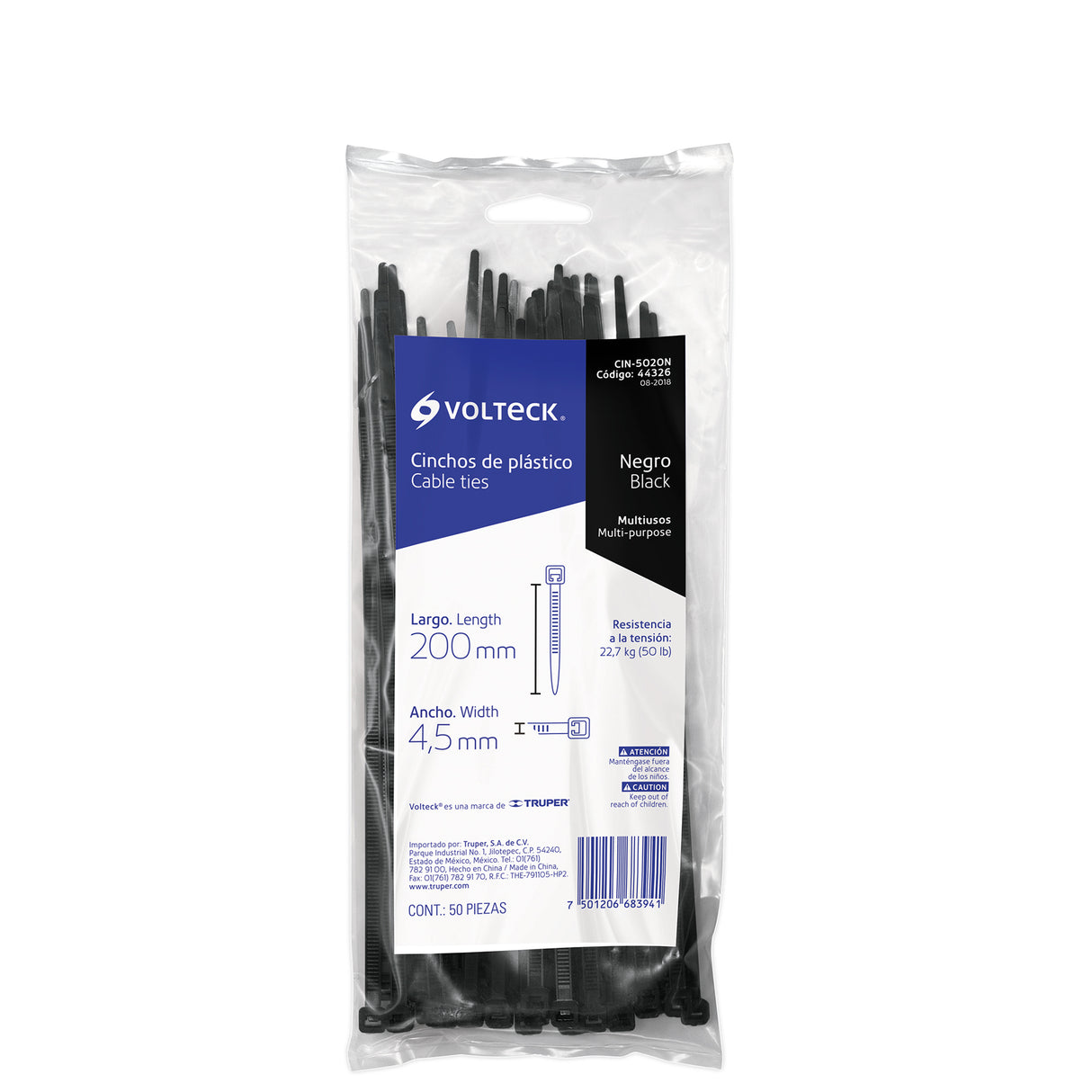Bolsa con 50 Cinchos Plásticos 50 lb, 200X4.5 mm, Negros