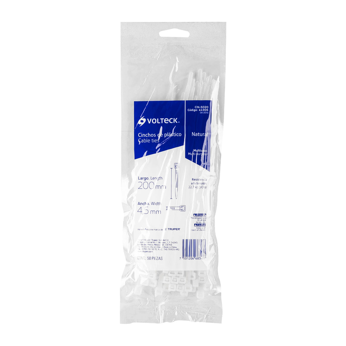 Bolsa con 50 Cinchos Plásticos 50 lb, 200X4.5 mm, Naturales