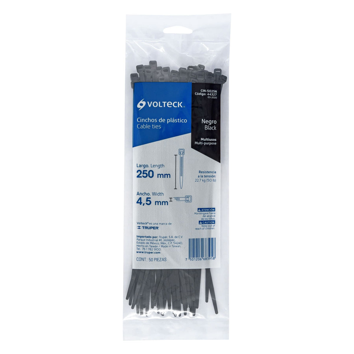 Bolsa con 50 Cinchos Plásticos 50 lb, 250X4.5 mm, Negros