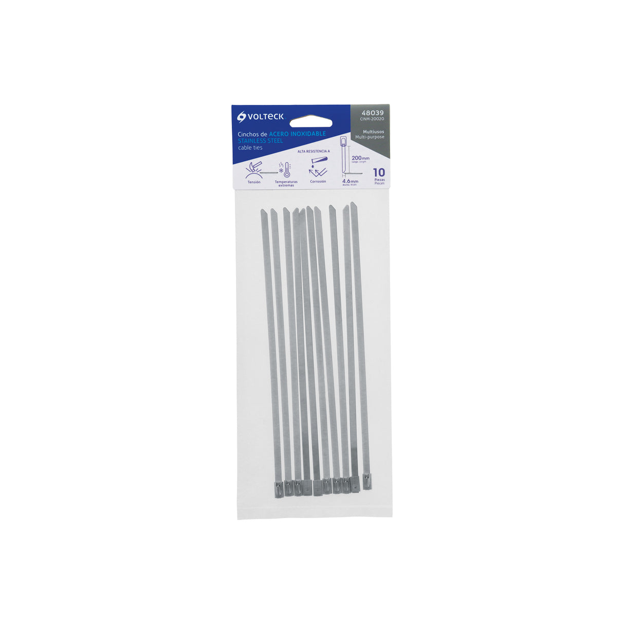 Bolsa con 10 Cinchos de 20 cm, Acero Inoxidable, 99 lb, Volteck