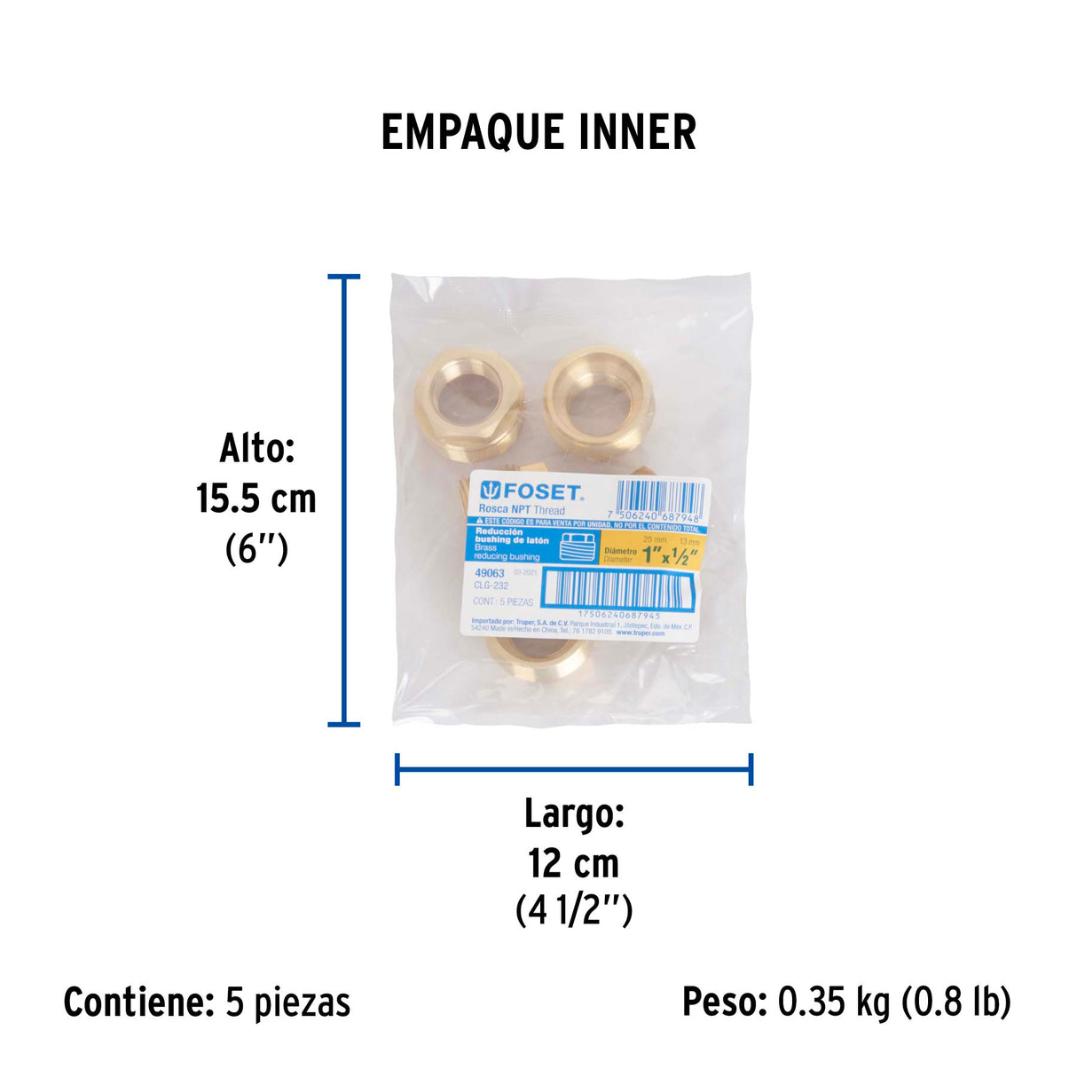 Reducción Bushing de Latón, 1' X 1/2', Foset