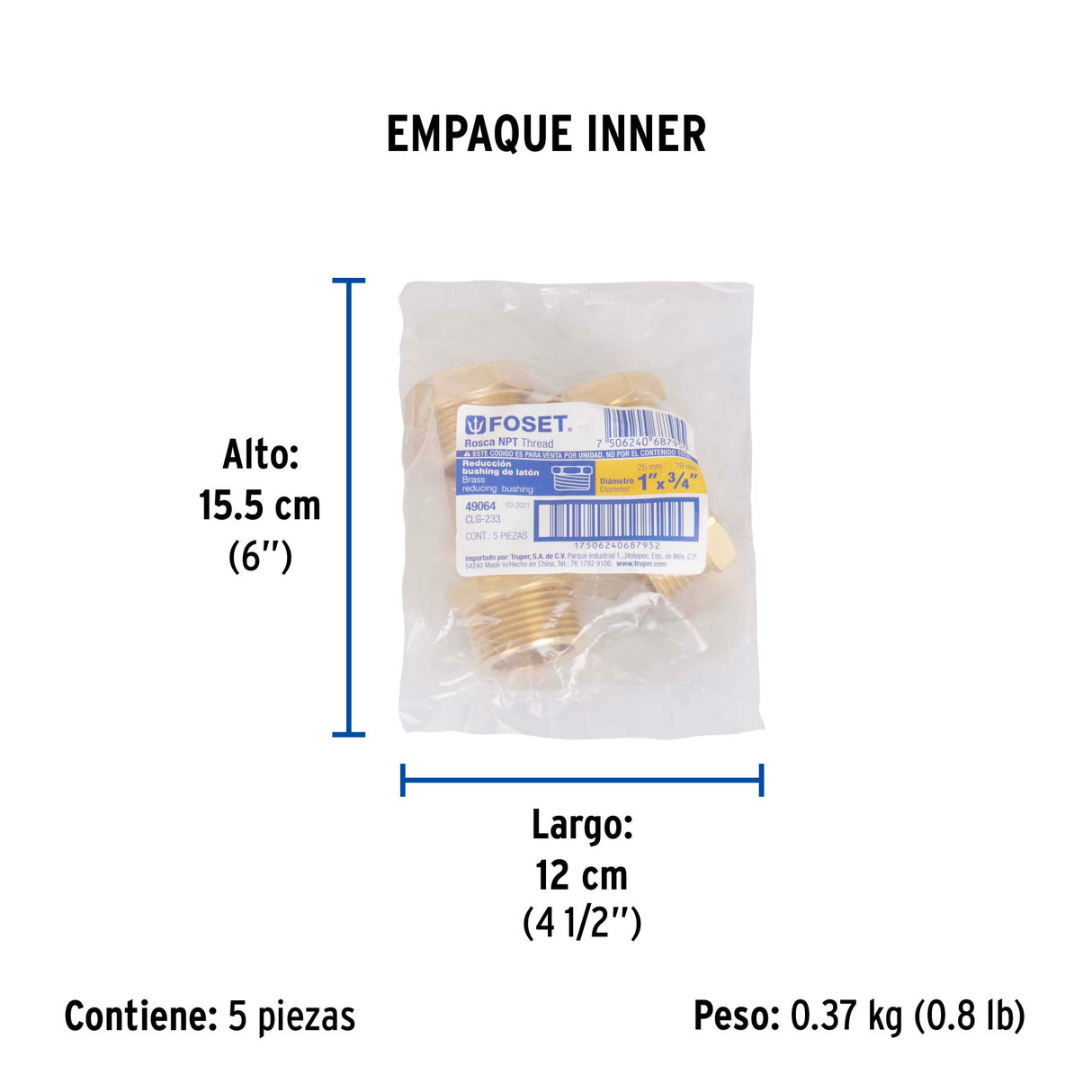 Reducción Bushing de Latón, 1' X 3/4', Foset