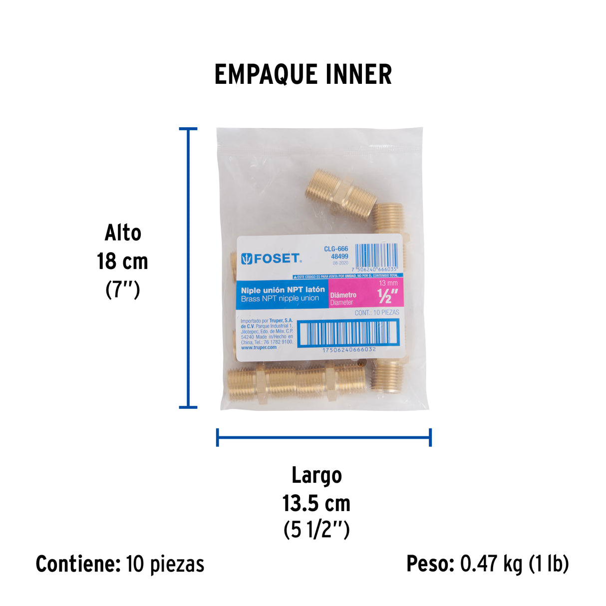 Niple Unión NPT de Latón, 1/2' con Tuerca Hexagonal, Foset