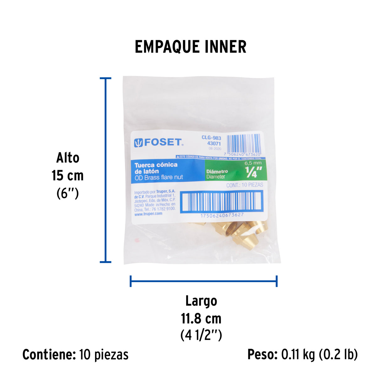 Tuerca Cónica de Latón 1/4', Foset