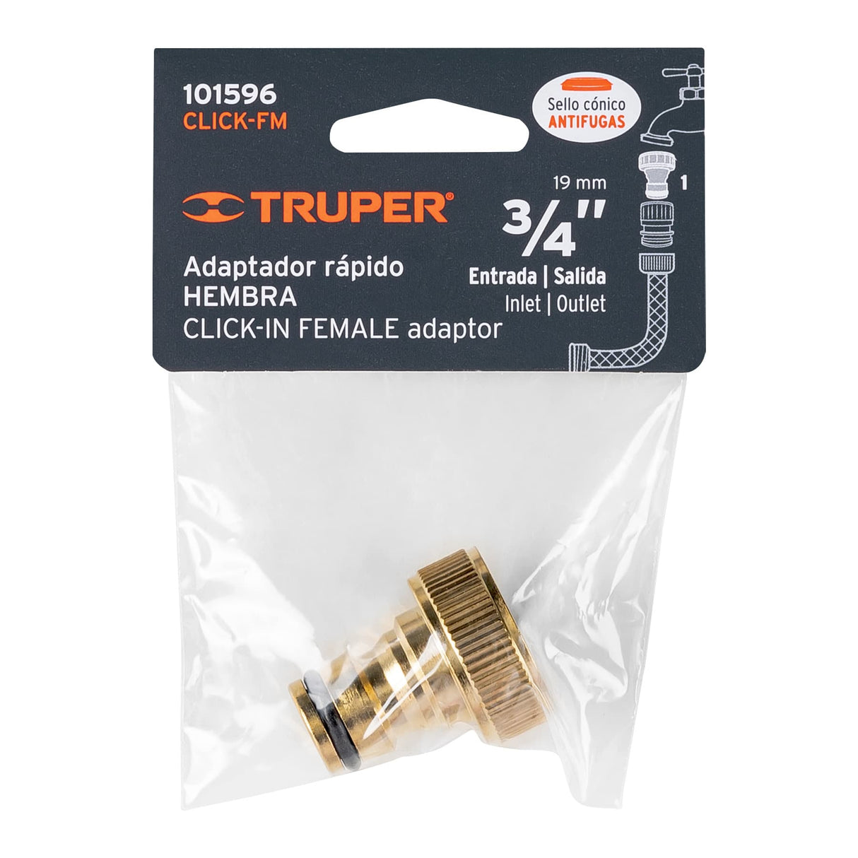 Conector 3/4' Rápido Hembra de Latón, Sistema Click, Truper