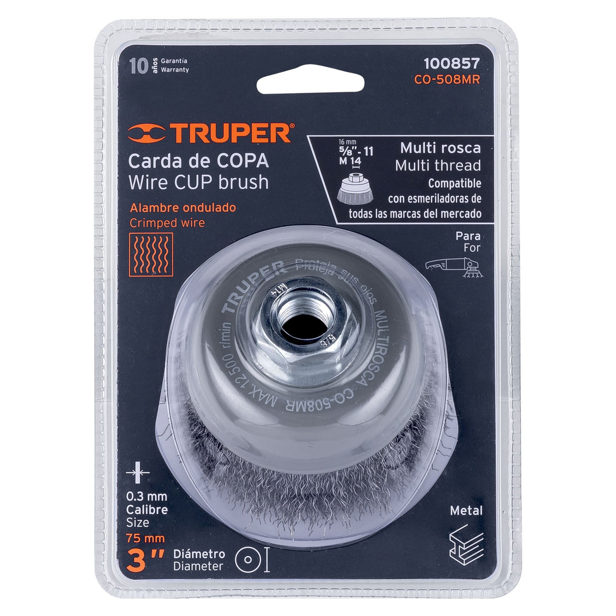 Carda Copa 3' Alambre Ondulado Fino, Multi-rosca, Truper