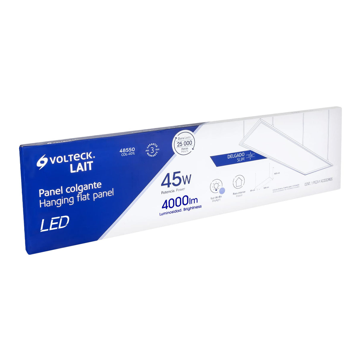Panel LED 45 W 6500K, 30X120 cm, Empotrable/Colgante, Volteck