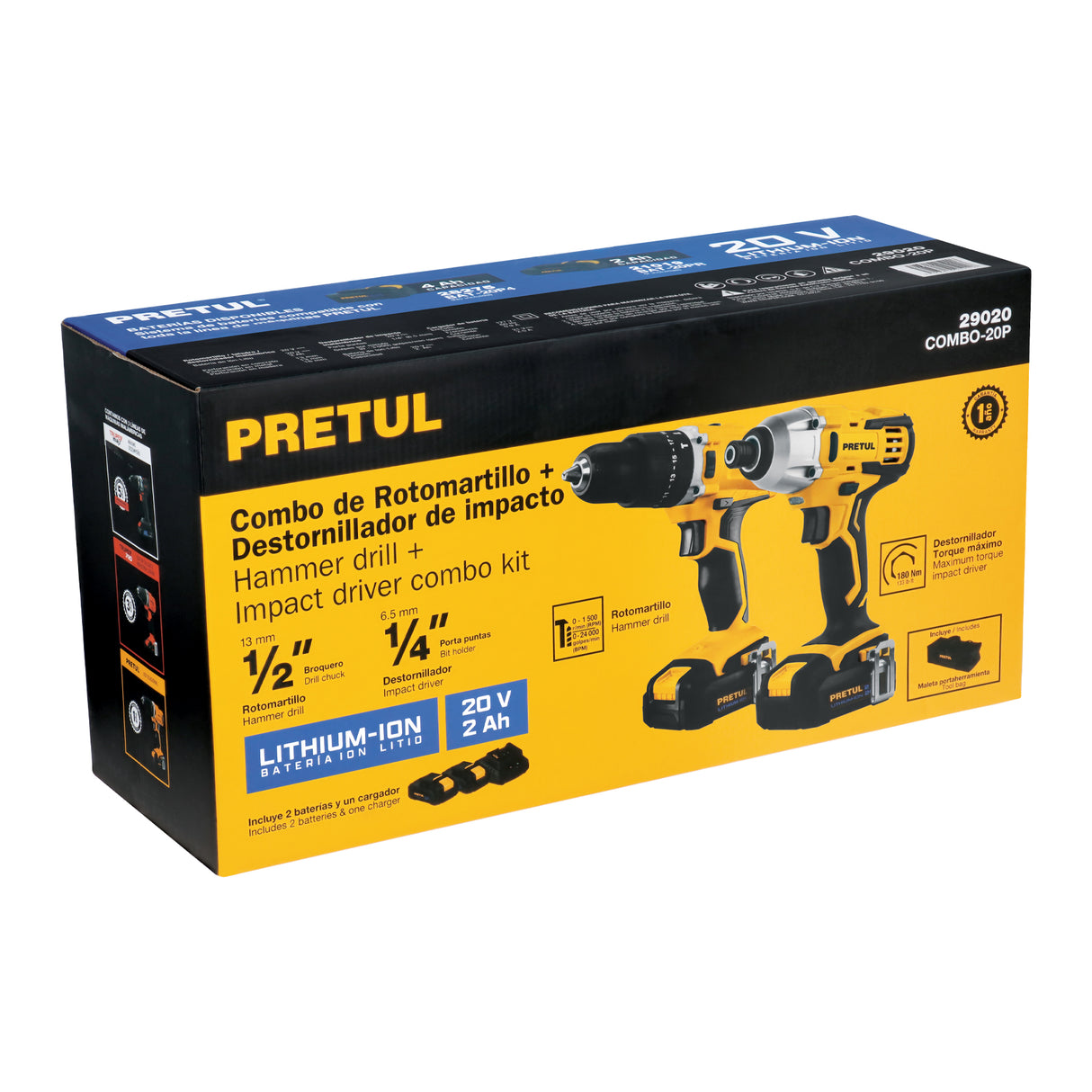 Combo Rotomartillo/Destornillador Impacto, 20 V, Pretul