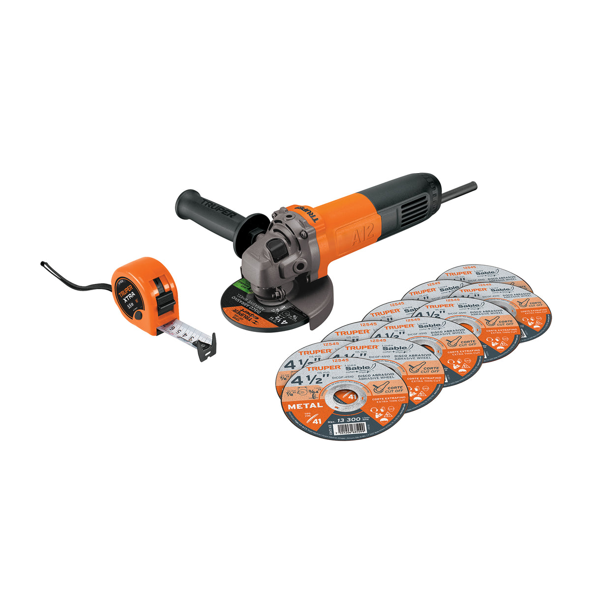 Combo Esmeriladora 4-1/2', 700 W, Discos y Flexómetro, Pro