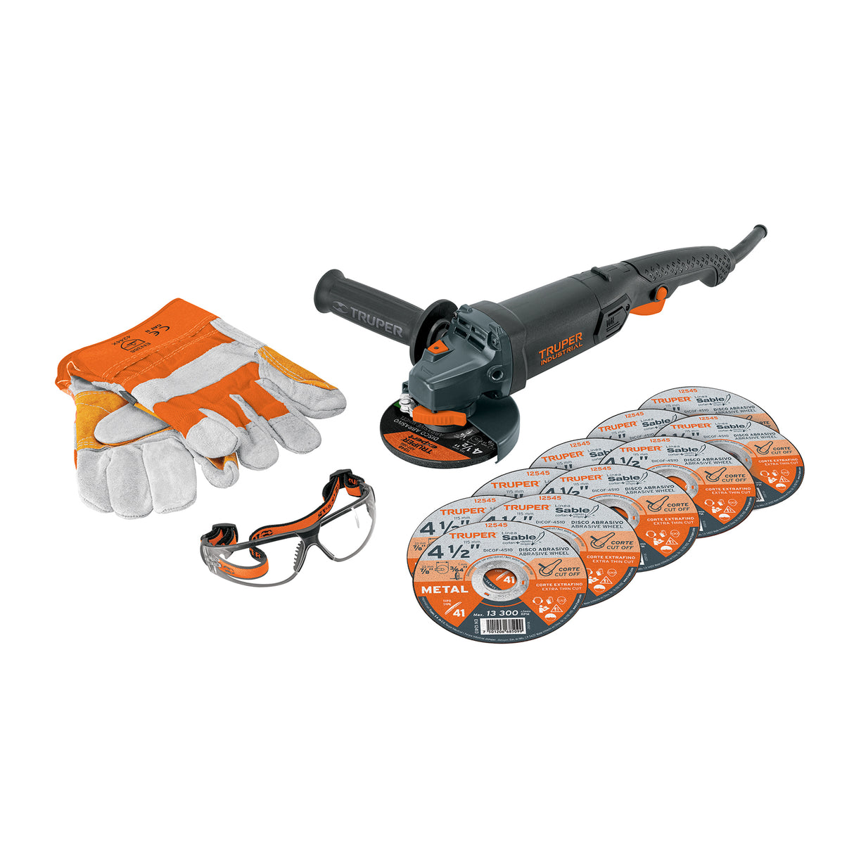 Combo Esmeriladora 4-1/2', 950 W, Discos, Lentes y Guantes, Ind