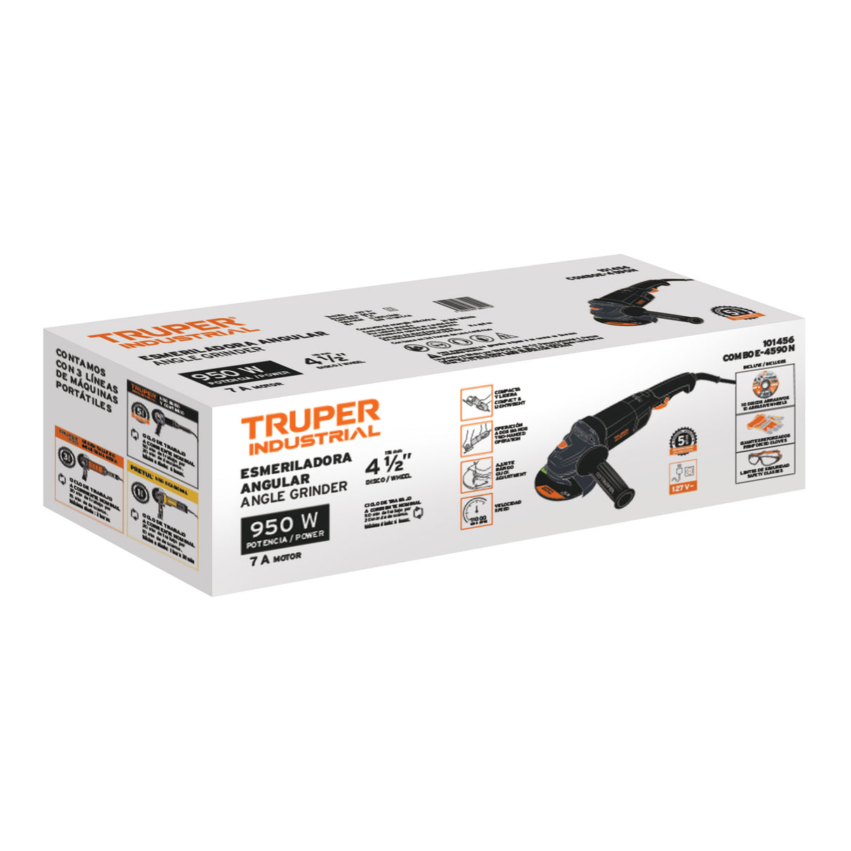 Combo Esmeriladora 4-1/2', 950 W, Discos, Lentes y Guantes, Ind