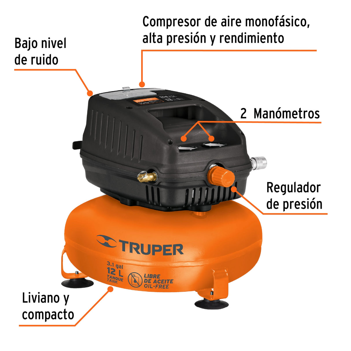 Compresor Libre de Aceite, 12 L, 1 HP, 127 V, Truper