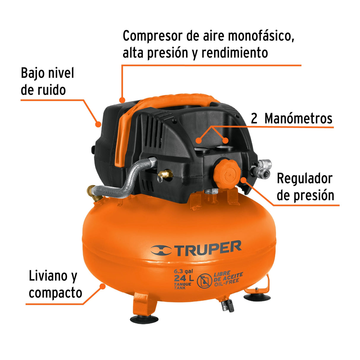 Compresor Libre de Aceite, 24 L, 2-2/3 HP, 127 V, Truper