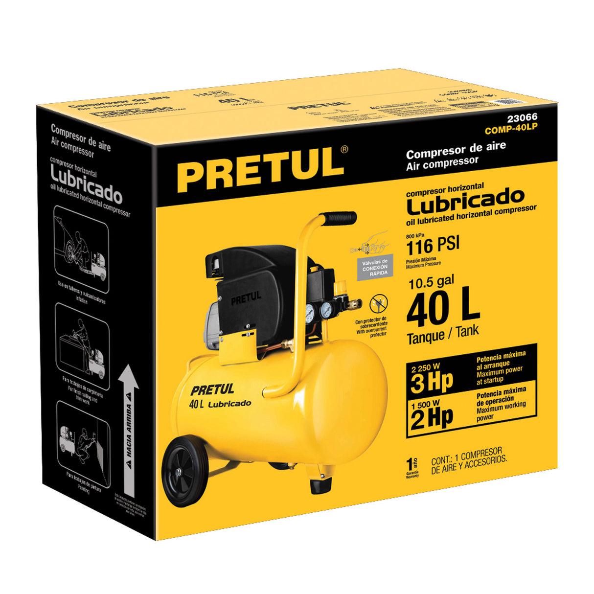 Compresor Lubricado, 40 L, 3 HP, Horizontal, 127 V, Pretul
